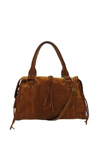 Sac à main en daim brun avec une forme structurée, des poignées doubles, une sangle ajustable et des glands décoratifs. Accents en métal.