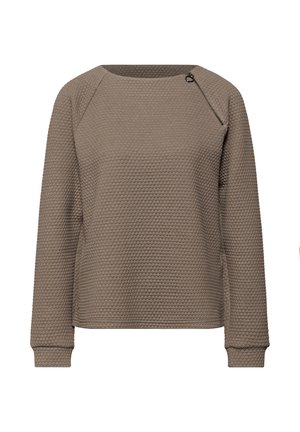 Bluza o długim rękawie w kolorze taupe, z teksturowanej dzianiny, z wysokim kołnierzem i małym diagonalnym suwakiem blisko ramienia.