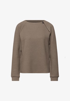 Taupekleurige trui met lange mouwen, een hoogsluitende hals en een kleine diagonale ritssluiting bij de schouder, met een textuur.