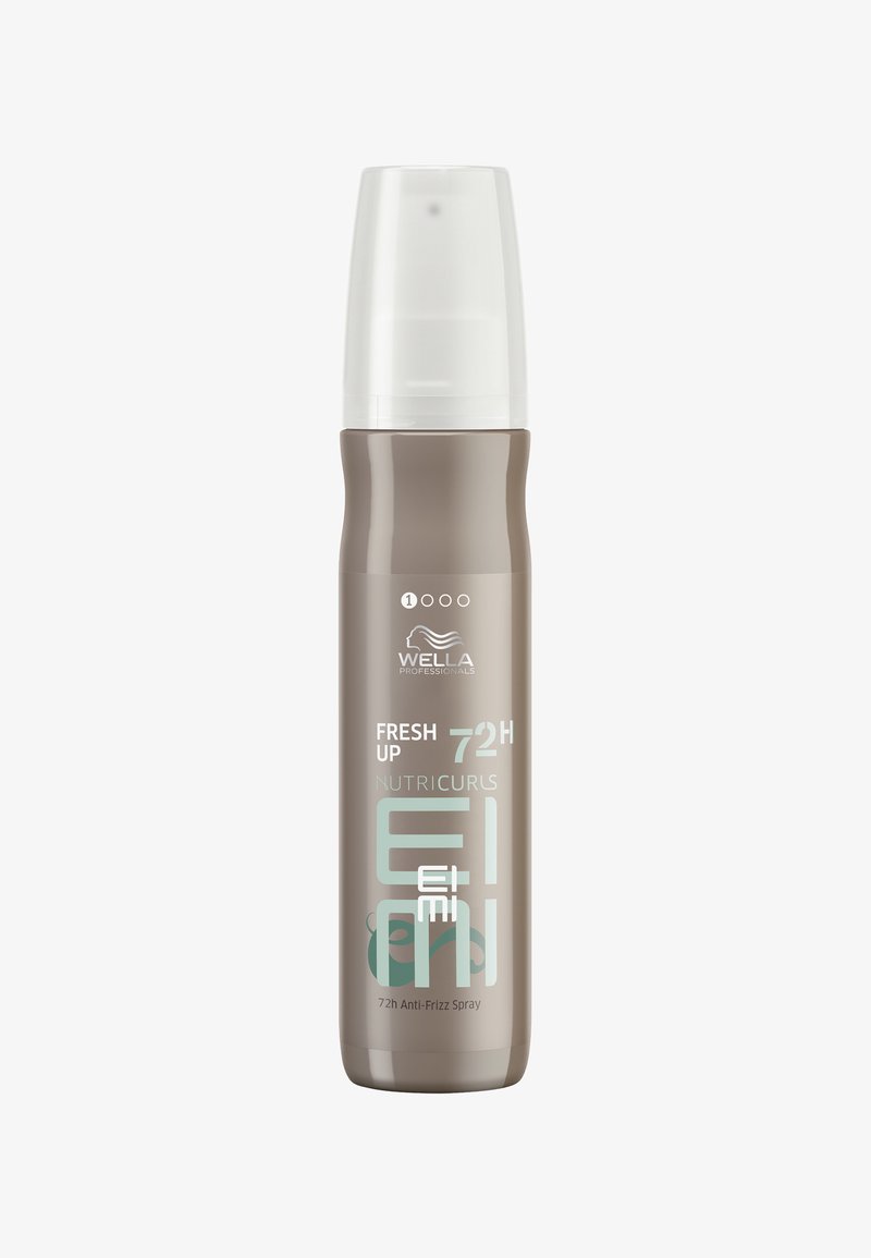 Wella Professionals Fresh Up Nutricurls Anti-Frizz-Spray in einer eleganten, grauen Flasche mit einem transparenten Deckel; zeigt türkisfarbene Schriftzüge und minimale Designelemente.