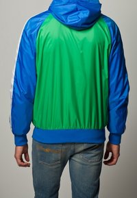 Färgglad polyesterjacka med en blå huva och ärmar, grön kropp och vita detaljer längs armarna. Elastiska manschetter och nederkant.