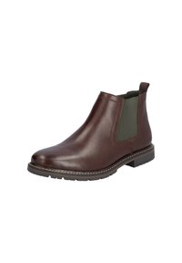 Bottine en cuir marron avec des panneaux latéraux élastiques, bout arrondi et couture contrastante. Dispose d'une semelle en caoutchouc texturée et d'une languette de tirage.