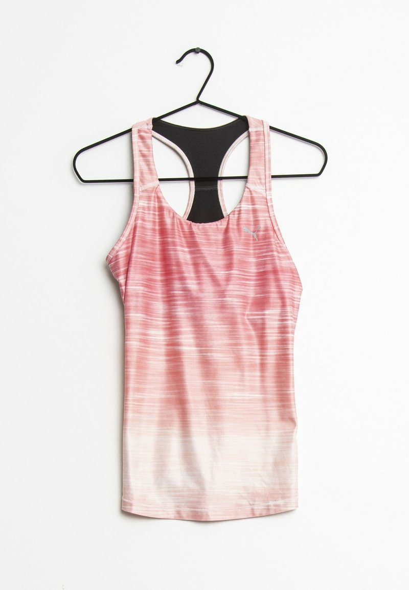 Pink and white tank top on a black hanger, featuring a gradient pattern, racerback design, and breathable black mesh accents.