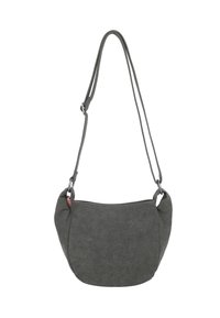 Borsa a tracolla in suede grigio con design curvo, spallacci regolabili e hardware in metallo. Texture liscia senza motivi o dettagli visibili.
