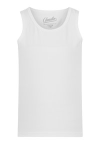 Hvid tanktop lavet af bomuld, med en rund halsudskæring og brede stropper. Glat tekstur uden mønstre eller detaljer.