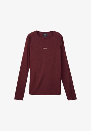 Bordeauxrotes Langarmshirt mit Rundhalsausschnitt, kleines weißes "Normal"-Logo mittig auf der Brust, vor weißem Hintergrund dargestellt.