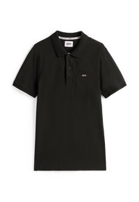 Svart pikétröja i bomull, med krage, korta ärmar och en liten logotyp på vänster bröst. Slät yta.