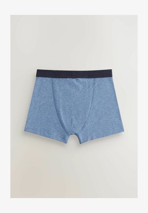 Sinised bokserid pehmest, tekstureeritud kangast, tumeda sinise elastse vöökoha ja mugava istuvusega.