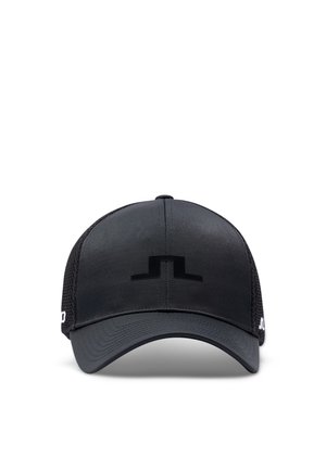Schwarze Baseballkappe mit gebogenem Schirm, Rückenteilen aus Mesh und einem minimalistischen schwarzen Logo mittig vorne.