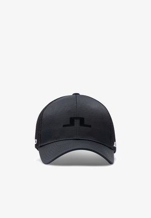 Casquette de baseball noire avec une visière incurvée, des panneaux arrière en maille et un logo noir minimaliste centré à l'avant.