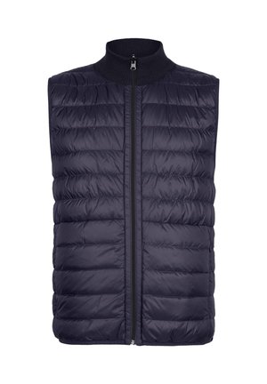 Granatowa pikowana bezrękawnikowa kamizelka puchowa z przednim zamkiem błyskawicznym i prążkowanym wysokim kołnierzem.