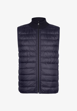 Marineblaue, gesteppte, ärmellose Steppweste mit einem durchgehenden Reißverschluss vorne und geripptem Stehkragen.