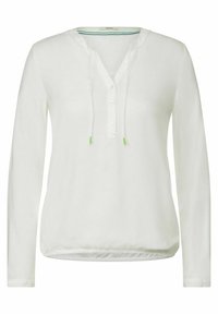 Weißes Langarmshirt mit V-Ausschnitt, Knopfverschluss und grünen Akzentkordeln. Weicher Stoff mit einer leicht strukturierten Oberfläche.