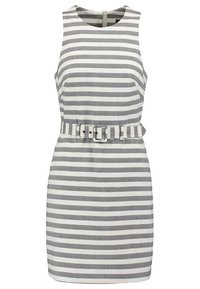 Randig klänning med horisontella gråa och vita ränder, ärmlös design, figurnära silhuett och ett matchande bälte med spänne.