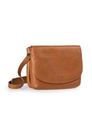Brown leather crossbody bag with a flap closure, adjustable strap, and smooth texture. Features minimal branding on the front.