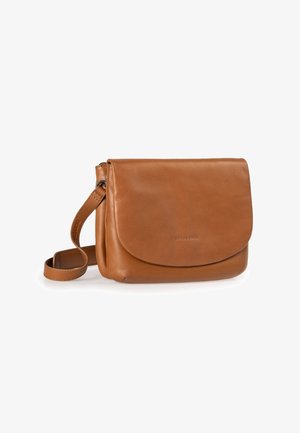 Borsa a tracolla in pelle marrone con chiusura a pattina, tracolla regolabile e superficie liscia. Presenta una grafica minimale sulla parte anteriore.