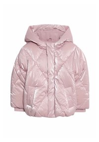 Chaqueta acolchada rosa con un acabado brillante, capucha, bolsillos de presión y puños acanalados, con un patrón de diamantes en toda su superficie.