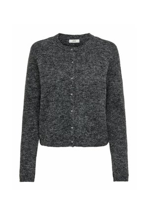 Ciemnoszary długi kardigan z guziczkami, o miękkiej fakturze, z okrągłym dekoltem i krótkim krojem.