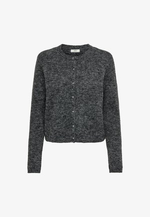 Ciemnoszary długi kardigan z guziczkami, o miękkiej fakturze, z okrągłym dekoltem i krótkim krojem.