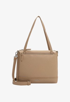 Borsa tote in pelle beige con finitura testurizzata, doppi manici superiori, tracolla rimovibile e scomparto con zip sulla parte superiore.