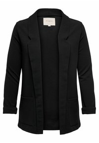 Mustapukuinen bleiseri, valmistettu jämäkästä kankaasta, jossa on lovellinen kaulus, kaksi etutaskua ja pitkät hihat käännetyillä kaltevuilla.