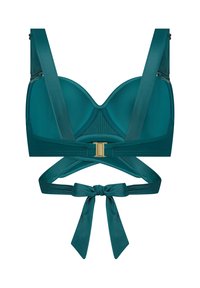 Tyrkysová podprsenka se strukturovanými košíčky, hedvábnou texturou, širokými řemínky a zlatým zapínáním vpředu. Obsahuje křížové šňůrky s mašlí na zadní straně.