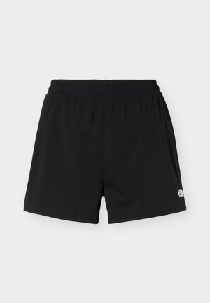 Pantalones cortos negros con cintura elástica, bolsillos laterales, longitud corta y pequeño logo blanco en la parte inferior de la pierna derecha.