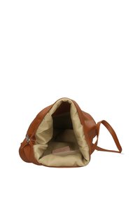 Bolso de mano de cuero marrón con cierre de cremallera, que cuenta con un interior de tela beige y una pequeña etiqueta visible en su interior. Presenta una silueta abierta.