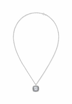 Silver chain necklace featuring a square pendant with a large central stone surrounded by a sparkling halo of smaller stones.