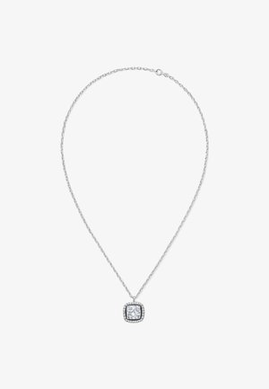 Silberne Kettenhalskette mit einem quadratischen Anhänger, der einen großen zentralen Stein hat, umgeben von einem funkelnden Halo kleinerer Steine.