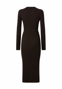 Vestido de manga larga y canalé en marrón oscuro. Presenta una silueta ajustada y una cinturilla contorneada, confeccionado en un material de punto elástico.
