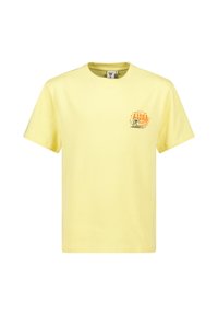 Keltainen puuvillapaita, jossa on pyöreä kaula-aukko ja vasemmassa rinnassa painatus oranssilla ja mustalla. Lyhyet hihat.