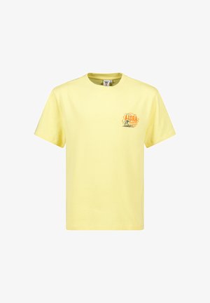 Yellow cotton t-shirt with a crew neckline featuring a printed design in orange and black on the left chest area. Short sleeves.