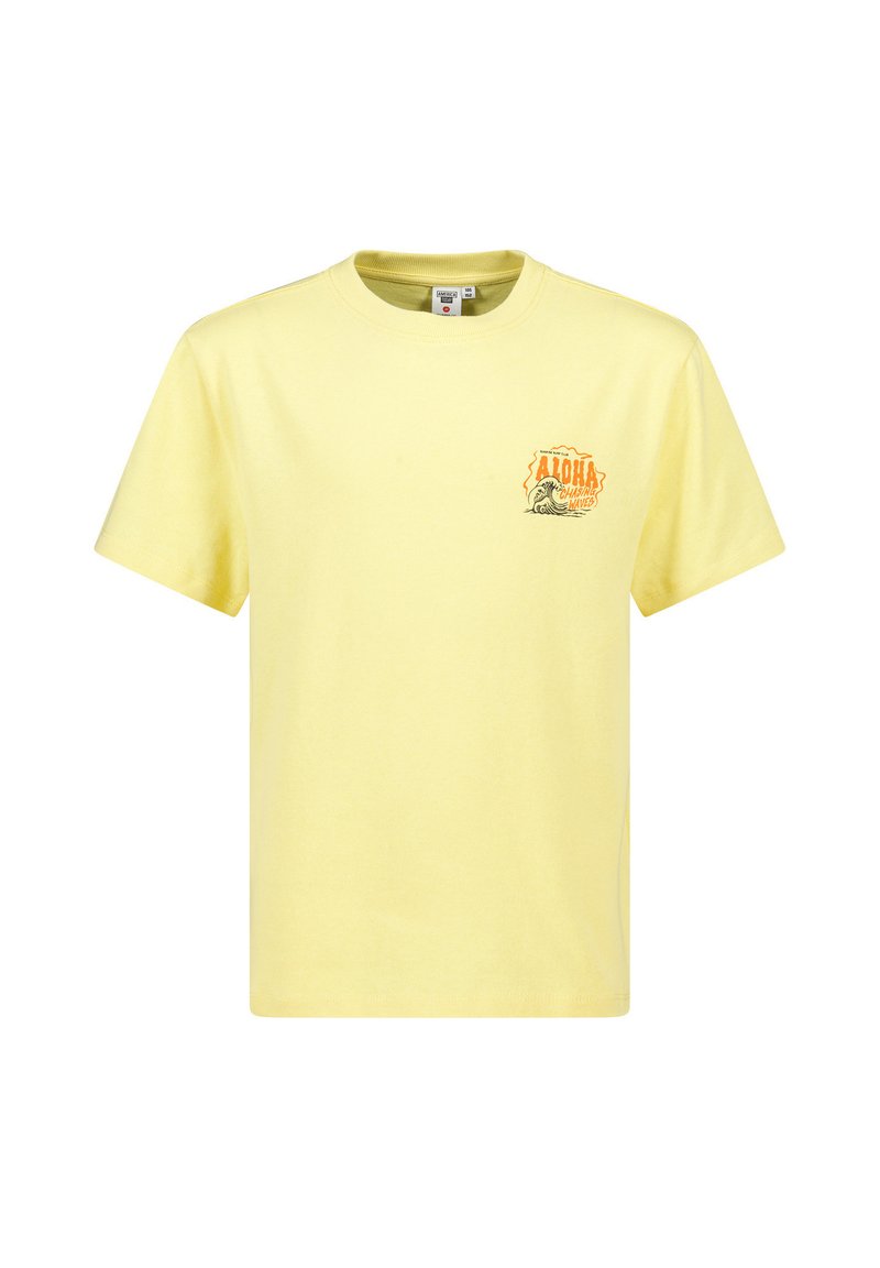 Keltainen puuvillapaita, jossa on pyöreä kaula-aukko ja vasemmassa rinnassa painatus oranssilla ja mustalla. Lyhyet hihat.