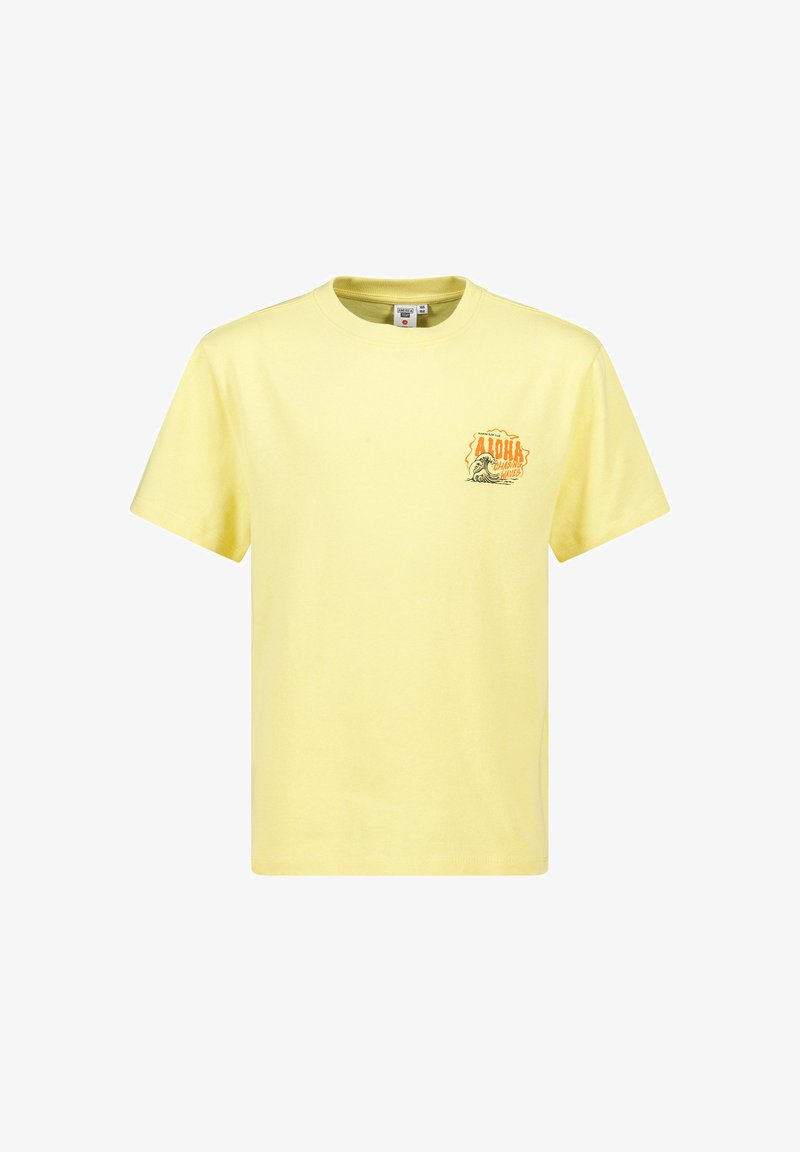 T-shirt in cotone giallo con scollo a girocollo, caratterizzato da una stampa arancione e nera nella zona sinistra del petto. Maniche corte.