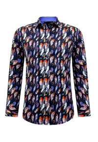 Langsleeve shirt met een donkerblauwe achtergrond en een kleurrijke verenprint in oranje, paars en wit; met knopen voorkant en kraag.