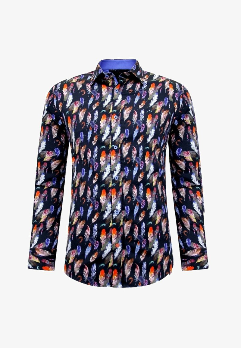 Langsleeve shirt met een donkerblauwe achtergrond en een kleurrijke verenprint in oranje, paars en wit; met knopen voorkant en kraag.