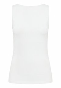 Débardeur ajusté blanc sans manches avec un col rond et sans motifs ni logos visibles.