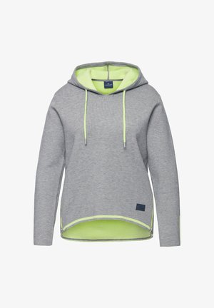 Gray hoodie with lime green accents and interior. Features a drawstring hood, side zippers, and a logo patch. Soft, textured fabric.