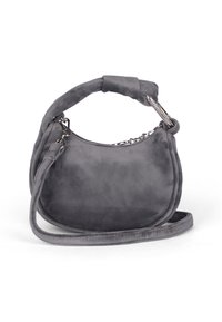 Borsa a mano in suede grigia con forma curvilinea, manico corto e tracolla staccabile. Presenta accessori in tonalità argentata e un design senza cuciture.