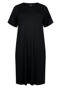 Abito nero alla lunghezza del ginocchio con texture a coste, scollatura rotonda e maniche corte. Realizzato in un tessuto morbido, presenta una vestibilità rilassata.