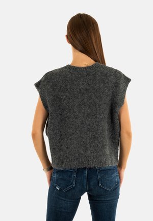 Maglione senza maniche in lana grigia scura con collo tondo e vestibilità comoda, caratterizzato da una superficie morbida e testurizzata e un orlo dritto.