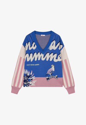 V-hals trui met blauw, roze en crème kleuren, gestreepte mouwen, grote bloem- en vogelmotieven, en tekst "Oilily Indian Summer" en "Son Chai".