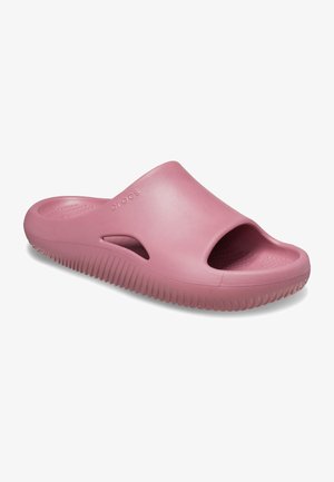 Roze rubberen slipper met open teen, zijuitsparingen en een gestructureerde zool. Beschikt over een dikke, geribbelde loopzool voor grip en comfort.