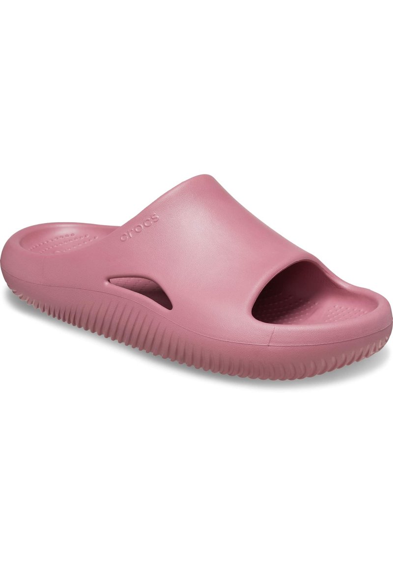 Infradito in gomma rosa con punta aperta, intagli laterali e suola texturizzata. Presenta una suola esterna spessa e rigata per una migliore aderenza e comfort.