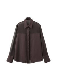 Dark brown shirt with a pointed collar, front closure, and two chest pockets. Long sheer sleeves and a smooth matte texture.