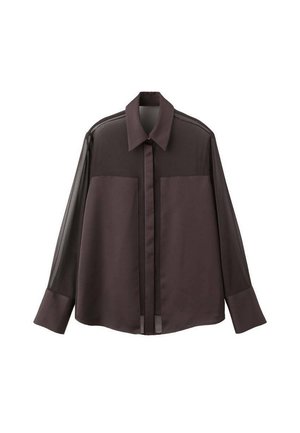 Dark brown shirt with a pointed collar, front closure, and two chest pockets. Long sheer sleeves and a smooth matte texture.
