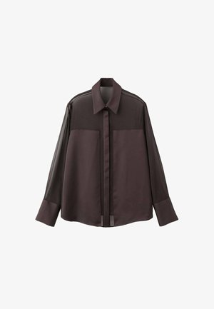Dark brown shirt with a pointed collar, front closure, and two chest pockets. Long sheer sleeves and a smooth matte texture.