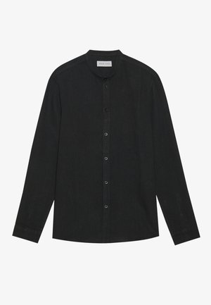 Camicia nera con bottoni, maniche lunghe, colletto alla cinese e chiusura con bottoni frontale; realizzata in un tessuto liscio e strutturato, con una leggera lucentezza.