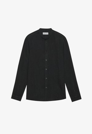 Zwarte overhemd met lange mouwen, mandarin boord en knopen lijst aan de voorkant; gemaakt van glad, gestructureerd stof met een subtiele glans.